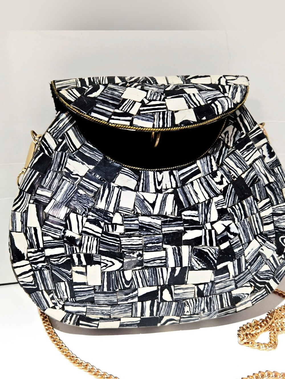 Handmade RAMLA Black & White Mosaic Versitile Bag with Attachable Gold Chain